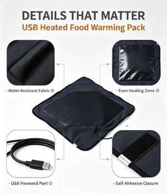 Bolsa aquecedora de alimentos alimentada por USB com design de embrulho flexível e materiais de grau alimentício, proporcionando aquecimento constante e suave para refeições embaladas