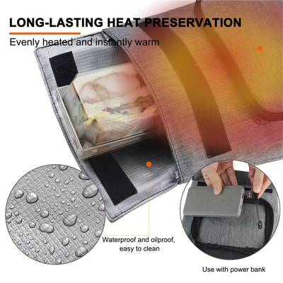 Saco de aquecimento de almoço elétrico compatível com várias refeições, aquecedor de alimentos à prova d'água USB mantém diferentes tipos de alimentos, controle de temperatura de 50-59°C de 3 níveis, carregamento removível lavável à prova de vazamento para viagens ao ar livre
