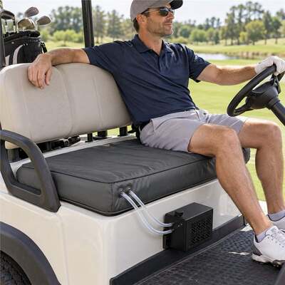 Capa de Assento Dual-Mode para Carrinho de Golfe 24V, Resfriamento a Água e Aquecimento de Grafeno, Capa de Assento Impermeável com Tiras de Fivela e Caixa de Resfriamento Externa, Tamanho Personalizado, Cor, Logotipo e Embalagem