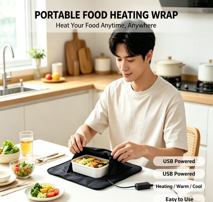 Bolsa aquecedora de alimentos alimentada por USB com design de embrulho flexível e materiais de grau alimentício, proporcionando aquecimento constante e suave para refeições embaladas