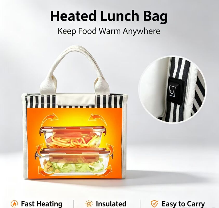 Recalentar comida para fora, macarrão e bifes sem microondas ¢ Saco de almoço aquecido com USB, 3 modos de temperatura, Tote térmico à prova d'água