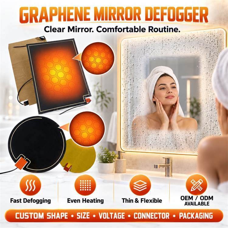 Aquecedor de Película de Grafeno para Desembaçar Espelhos, Formato Personalizado, Tamanho, Voltagem, Filme Flexível Resistente à Umidade para Espelhos de Banheiro