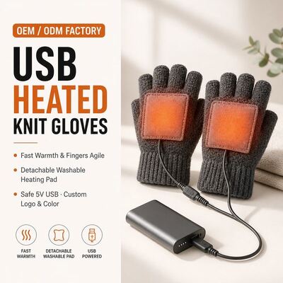 Luvas de Malha Aquecidas por USB, Luvas de Inverno Sem Dedos de 5V com Almofada de Aquecimento Destacável de Velcro, Calor Constante de 40-50C, Proteção Contra Superaquecimento, CE FCC RoHS, Logotipo e Embalagem Personalizados em Cores