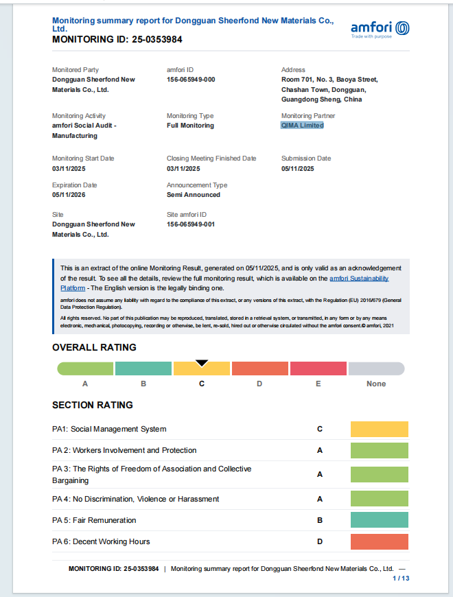 China Dongguan Sheerfond New Materials Co., Ltd. Certificações