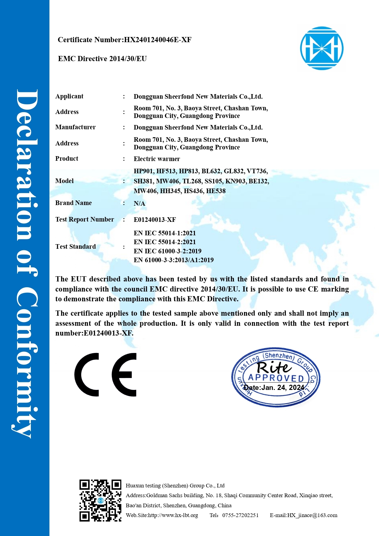 China Dongguan Sheerfond New Materials Co., Ltd. Certificações