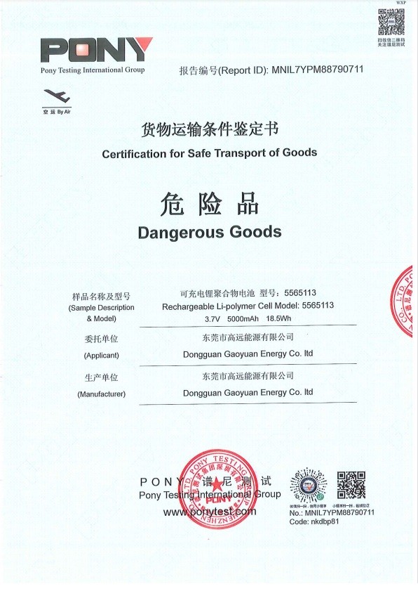 China Dongguan Gaoyuan Energy Co., Ltd Certificações